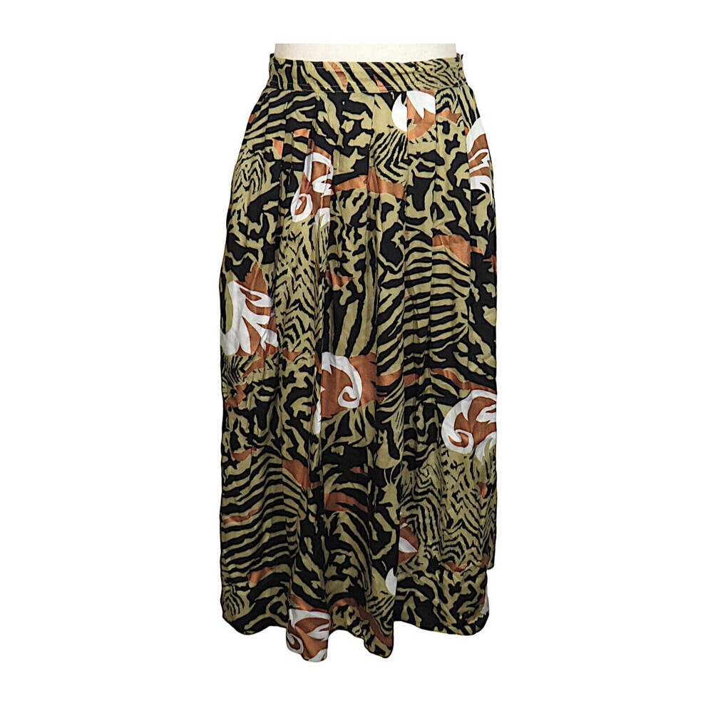 Vintage Segue White Tan Copper Abstract Animal Print Side Button Midi Skirt Sz 8